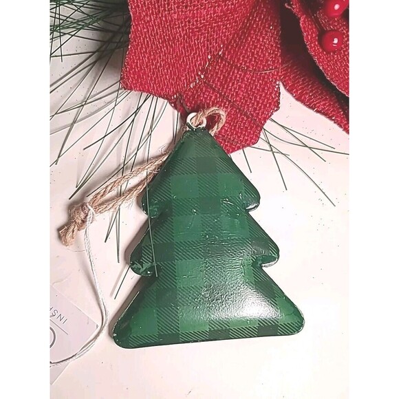 NWT  CBK Metal Christmas Tree Ornament 2 sided Farmhouse Green & Black Plaid - Picture 1 of 4
